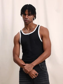 SUMWON 男士无袖罗纹背心，白色滚边，圆领，夏季休闲背心 - 黑色 - 查看 3