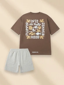 SUMWON Summer Mood Flippin Into Summer Graphic Print Brown Crew Neck Short Sleeve T-Shirt And Grey Striped Elastic Waist Shorts Tween Co-Ord Set - Brown - View 1