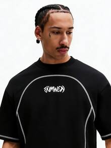 SUMWON Men's Black Oversized Tee With Contrast Stitching And Logo Print Streetwear Urban Casual Short Sleeve - Black - View 5