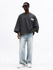 SUMWON Men Oversized Crewneck Sweatshirt With Graphic Print And Dropped Shoulder Long Sleeve Pullover Top - Grey - View 4