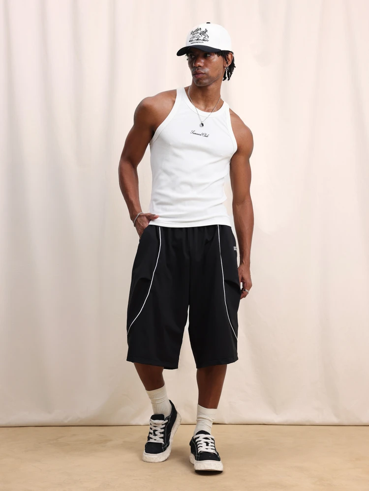 Men's Black Loose Fit Track Pants With White Contrast Piping Side Pockets Elastic Waistband Casual Streetwear Jogging Bottoms