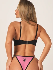 Missguided x Playboy Women's Triangle Brief Underwear With Logo Print Black Trim Mesh Panties Intimates - Pink - View 3