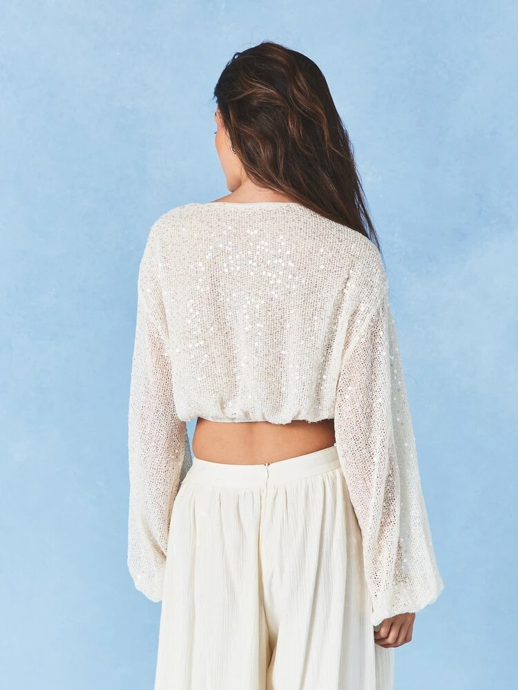 Sequin Knit Balloon Sleeve Cropped Top