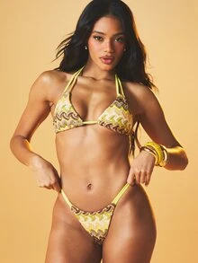 MISSGUIDED Women's Pineapple Print Triangle Bikini Top With Halter Neck Straps And Tie Details Summer Beach Swimwear - Multicolor - View 4