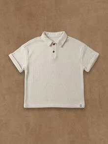 SUMWON Boys Ribbed Crochet Knit Polo Shirt And Matching Shorts Coordinated Summer Set With Button Placket - Beige - View 3