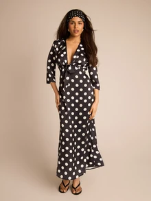 FASHION SZN 女士系带波点单色中长连衣裙，优雅别致性感，适合各种场合，假日连衣裙，夏季度假婚礼宾客礼服，深V领黑色波点 - 黑與白 - 查看 6