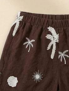 SUMWON Girls Embroidered Tropical Palm Tree And Seashell Short Sleeve Ruffle Shirt With Matching High Rise Shorts Co-Ord Set Summer Vacation Beach - Brown - View 6