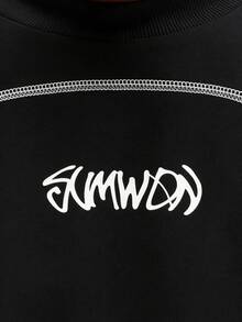 SUMWON Men's Black Oversized Tee With Contrast Stitching And Logo Print Streetwear Urban Casual Short Sleeve - Black - View 4