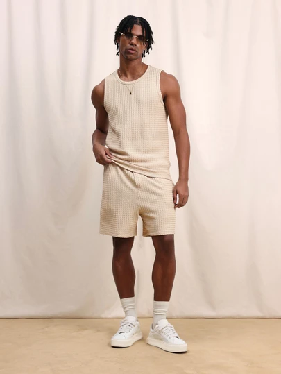 SUMWON Men Beige Waffle Knit Tank Top And Matching Shorts Relaxed Two Piece Summer Co Ord Set