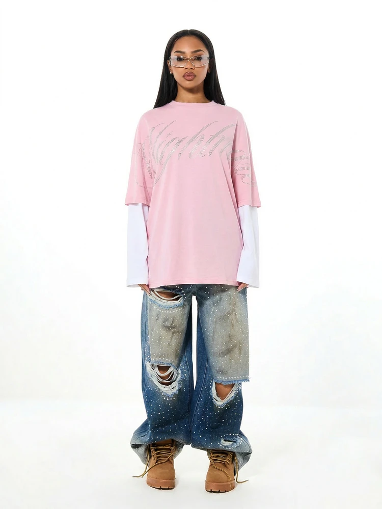 SUMWON WOMEN Women's Oversized Rhinestone Logo Pink Long Sleeve T-Shirt With Layered White Sleeves Casual Streetwear Top