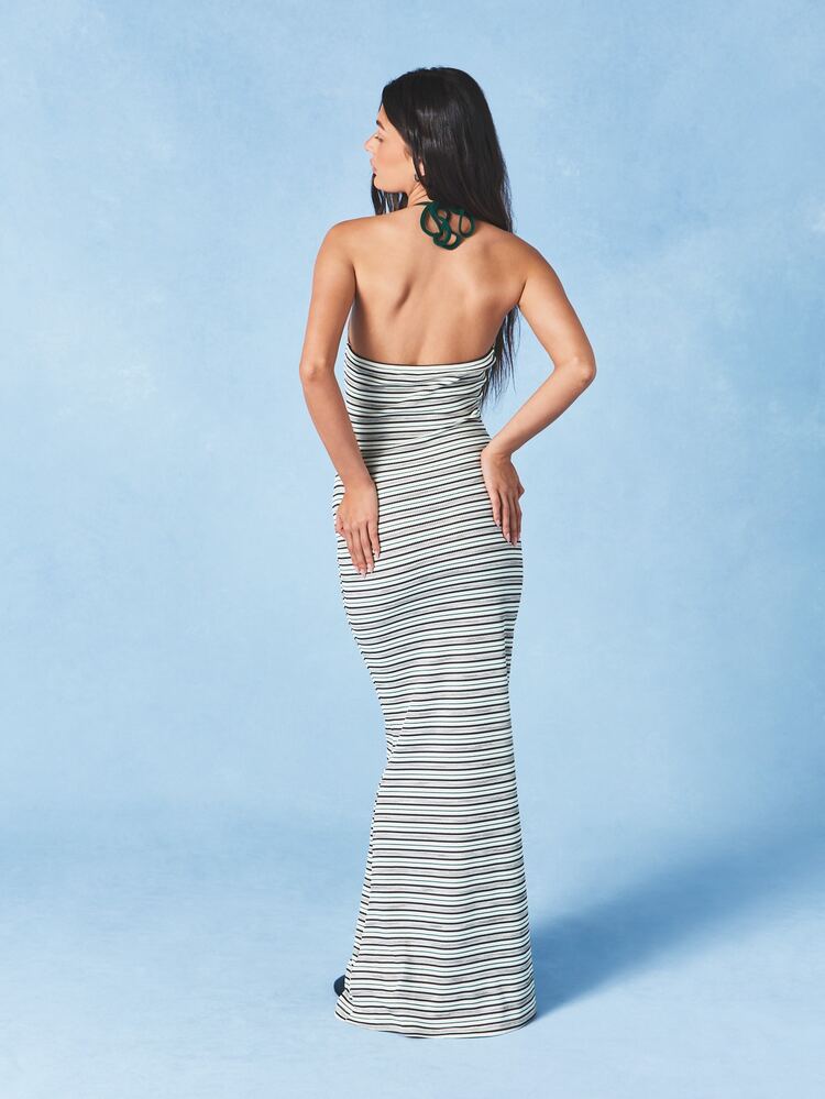 AiiRZ Striped Halter Neck Sleeveless Maxi Dress Summer Long Beach Resort Casual Floor Length Ribbed Bodycon Women Fitted Dress