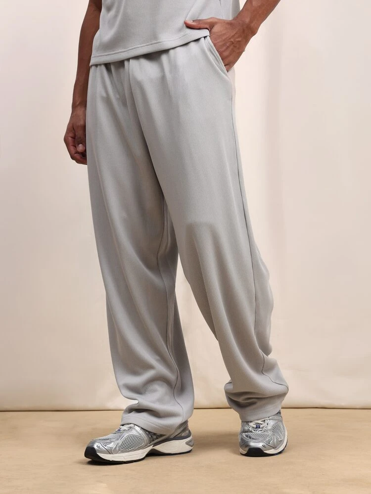 Conjunto coordinado de camiseta de tirantes acanalada y pantalón de pierna ancha para hombre, color gris claro, cuello redondo, sin mangas, conjunto informal de dos piezas