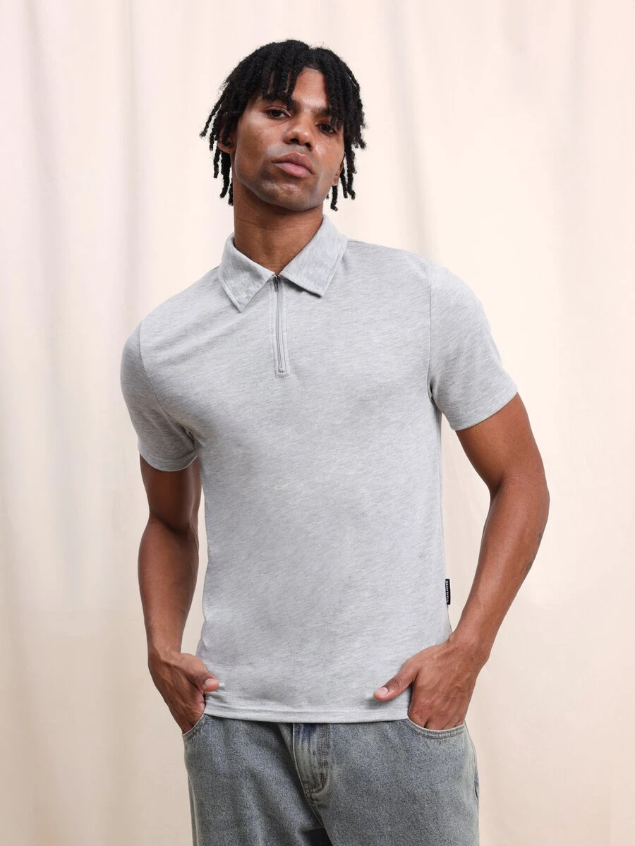 SUMWON 男士短袖 Polo 衫，四分之一拉链翻领高尔夫球衫，常规版型，休闲春夏日常穿着 - 淺灰色 - 查看 1