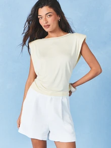 AiiRZ Áo tank top không tay màu kem có đệm vai và dây buộc eo phía sau, kiểu dáng mùa hè. - Vàng nhạt - Xem 1