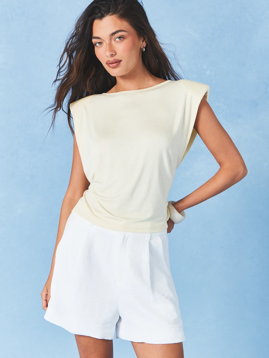 AiiRZ Áo tank top không tay màu kem có đệm vai và dây buộc eo phía sau, kiểu dáng mùa hè. - Vàng nhạt - Xem 1