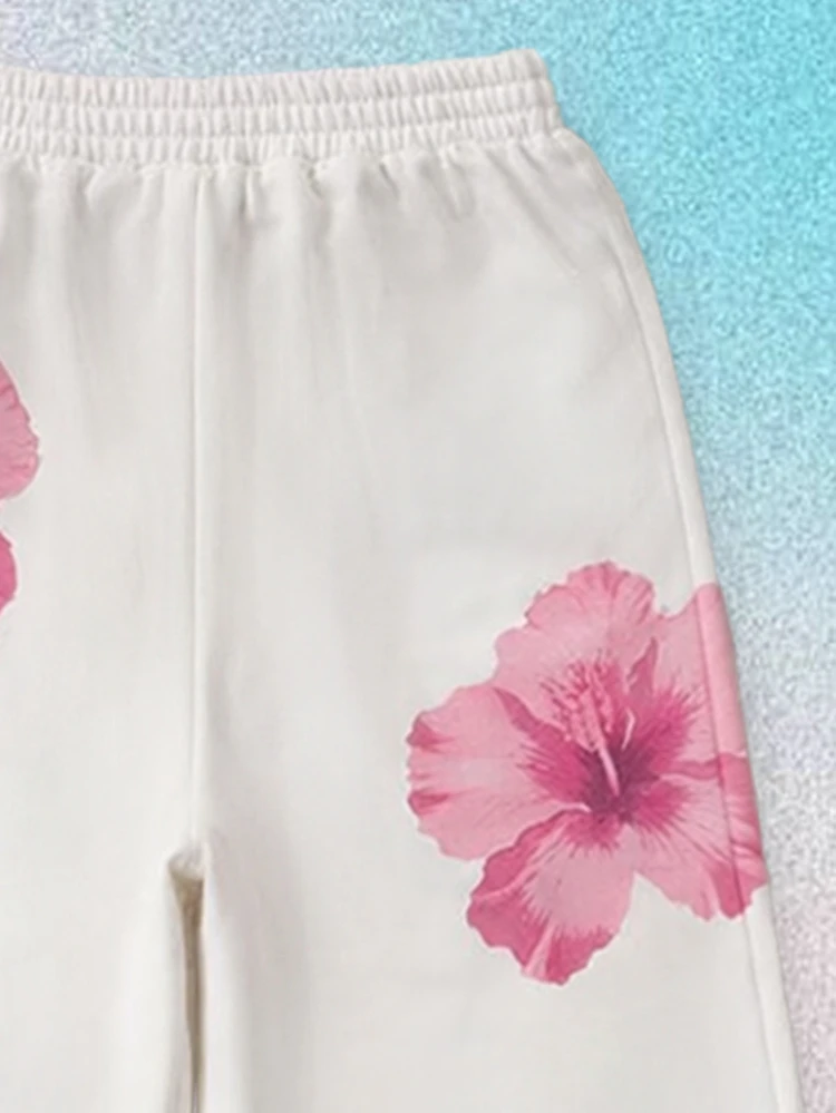 Pantaloni a gamba ampia con stampa floreale, con fiori di ibisco rosa, vita alta con elastico in vita, stile casual da spiaggia e vacanza, tipo palazzo