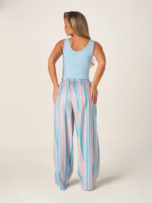 MISSGUIDED 女士两件套睡衣套装，浅蓝色刺绣背心搭配条纹阔腿裤，家居服睡衣家居休闲套装 - 彩色 - 查看 3