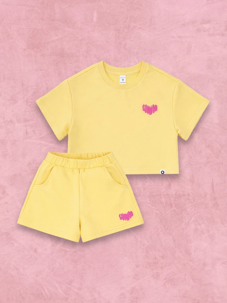 Oversized Cute Heart Print Short Sleeve T-Shirt And Matching Shorts Set For Girls Summer Outfits Casual Crew Neck Bright Yellow Kids Coordinated Two Piece