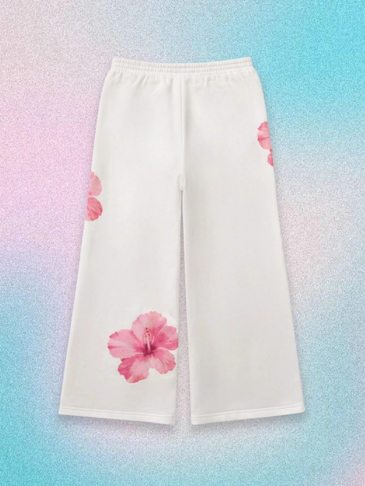 Pantaloni a gamba ampia con stampa floreale, con fiori di ibisco rosa, vita alta con elastico in vita, stile casual da spiaggia e vacanza, tipo palazzo