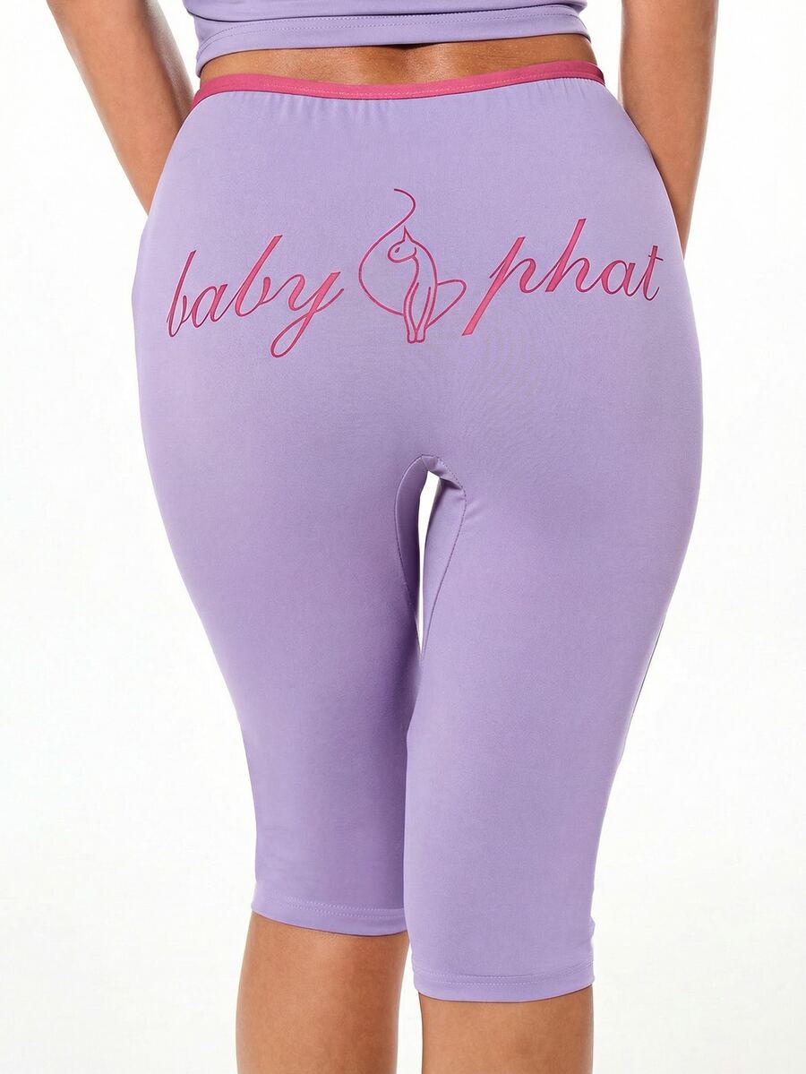 BABYPHAT Quần legging lửng nữ chất liệu jersey, có dây rút ở eo, in chữ, màu tím hồng, kiểu dáng thường ngày, thích hợp cho mùa hè. - Màu Lilac Tím - Xem 1