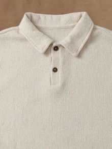 SUMWON Boys Ribbed Crochet Knit Polo Shirt And Matching Shorts Coordinated Summer Set With Button Placket - Beige - View 5