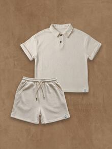 SUMWON Boys Ribbed Crochet Knit Polo Shirt And Matching Shorts Coordinated Summer Set With Button Placket - Beige - View 1