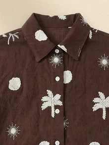 SUMWON Girls Embroidered Tropical Palm Tree And Seashell Short Sleeve Ruffle Shirt With Matching High Rise Shorts Co-Ord Set Summer Vacation Beach - Brown - View 5