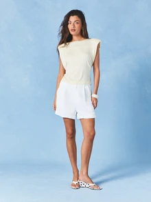 AiiRZ Áo tank top không tay màu kem có đệm vai và dây buộc eo phía sau, kiểu dáng mùa hè. - Vàng nhạt - Xem 6