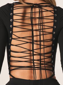 Missguided x Playboy 黑色长袖系带露背连体衣，饰有水钻，露背设计，适合派对和夜间外出穿着 - 黑色 - 查看 4