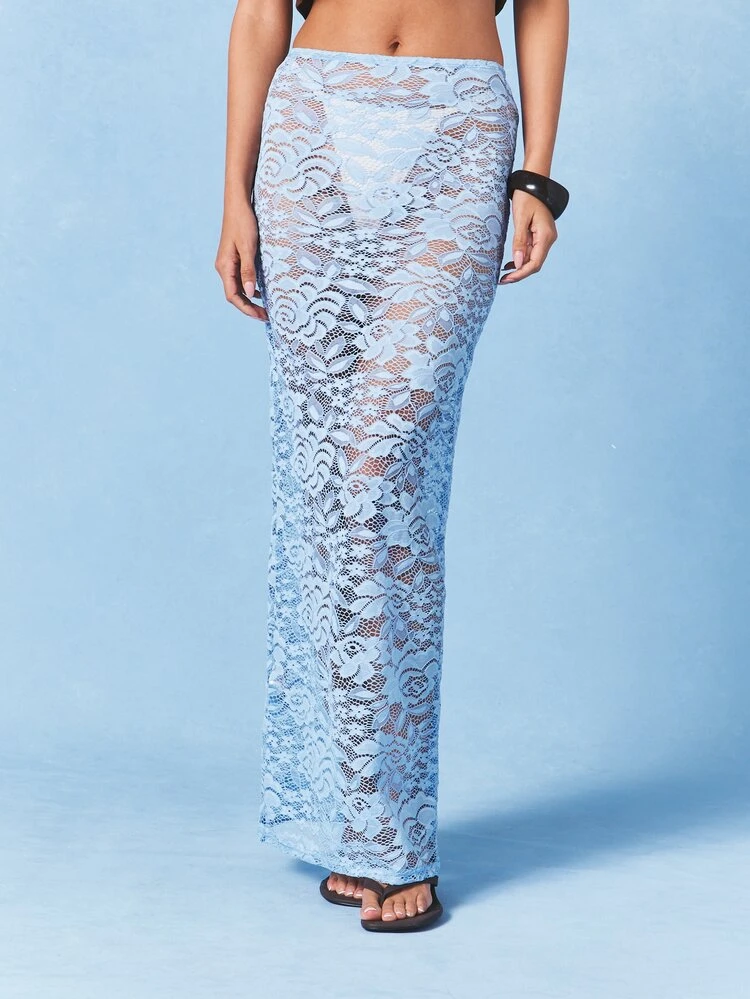 Light Blue Sheer Lace Maxi Skirt