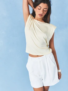 AiiRZ Áo tank top không tay màu kem có đệm vai và dây buộc eo phía sau, kiểu dáng mùa hè. - Vàng nhạt - Xem 5