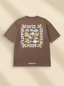 SUMWON Summer Mood Flippin Into Summer Graphic Print Brown Crew Neck Short Sleeve T-Shirt And Grey Striped Elastic Waist Shorts Tween Co-Ord Set - Brown - View 3
