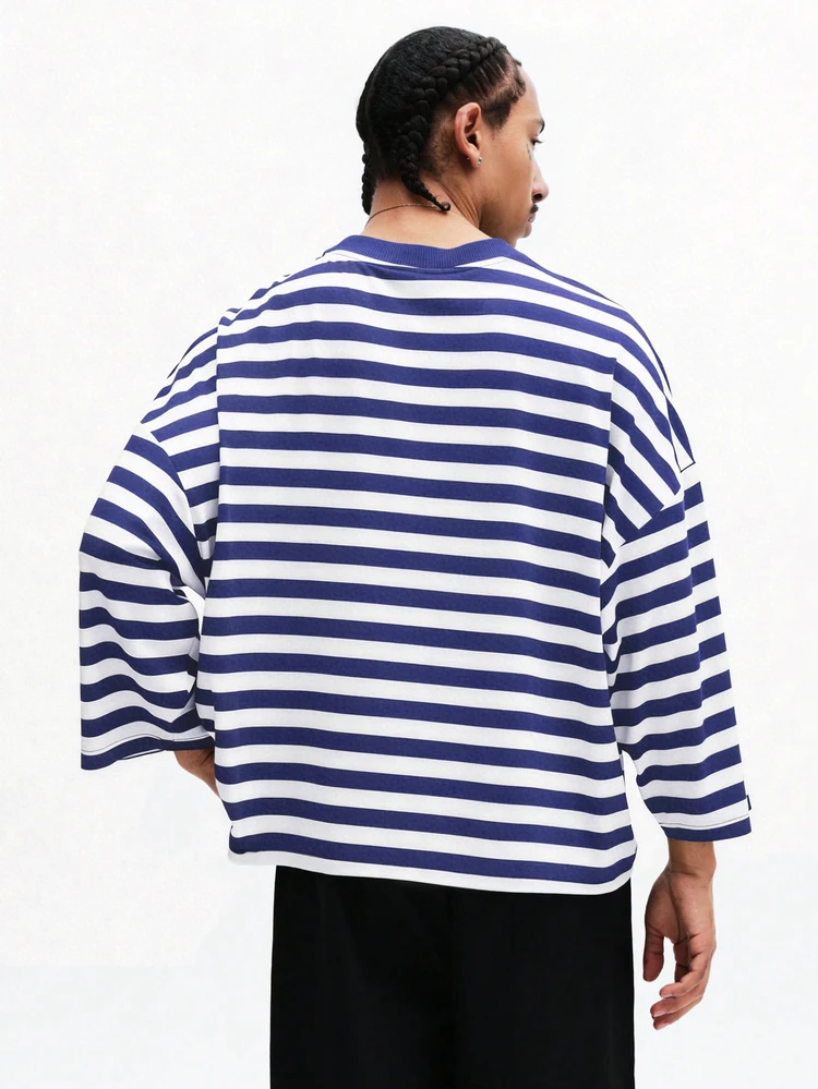 Men's Blue White Horizontal Striped Long Sleeve Pullover Crew Neck Relaxed Casual Everyday Oversized T-Shirt