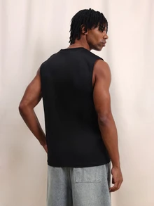 SUMWON Áo tank top cổ tròn không tay in logo ngực, chất liệu trơn, co giãn, thích hợp mặc hàng ngày, mùa hè. - màu đen - Xem 4