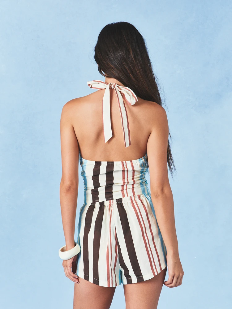 Striped Halter Wide Leg Shorts With Tie Waist