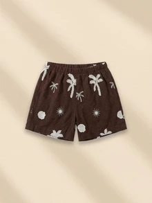 SUMWON Girls Embroidered Tropical Palm Tree And Seashell Short Sleeve Ruffle Shirt With Matching High Rise Shorts Co-Ord Set Summer Vacation Beach - Brown - View 4