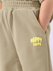 SUMWON 女孩快乐时光印花两件套套装，阔腿裤，卷袖上衣，夏季休闲装 - 卡其色 - 查看 7