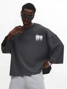 SUMWON Men Oversized Crewneck Sweatshirt With Graphic Print And Dropped Shoulder Long Sleeve Pullover Top - Grey - View 2