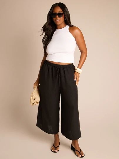 FASHION SZN 大码阔腿亚麻质感系带腰带弹力阔腿裤，休闲时尚黑色长裤，适合假日、大码曲线身材，舒适透气，适合机场旅行、日常通勤穿着，宽松版型，时尚优雅