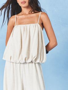 AiiRZ Damen Creme Leinen Jumpsuit mit Ballonbeinen und Spaghettiträgern, weites Bein Sommer Palazzo Stil Jumpsuit - Aprikosenfarben - Übersicht 3