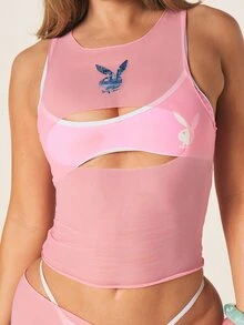 Missguided x Playboy Áo tank top lưới xuyên thấu dành cho nữ, có in logo, thích hợp mặc đi biển. - Hồng - Xem 2