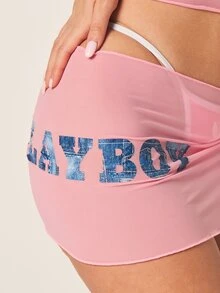 Missguided x Playboy 女士粉色网纱沙滩罩衫，饰有牛仔印花文字和系带细节，适合夏季度假泳装 - 粉色 - 查看 4