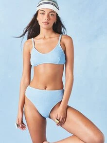 AiiRZ Spaghetti Strap Scoop Neck Crinkle Texture Summer Beach Bikini Top With Adjustable Tie Back Support - Blue - View 6