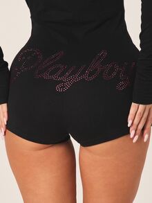 Missguided x Playboy 女士黑色纽扣长袖连体衣，粉色撞色滚边V领水钻装饰修身迷你连体衣套装 - 黑色 - 查看 6