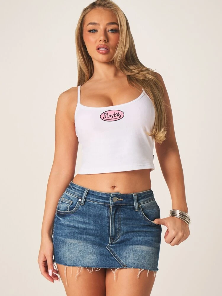 Missguided x Playboy Logo White Cropped Cami Tank Top With Spaghetti Straps And Pink Oval Branding