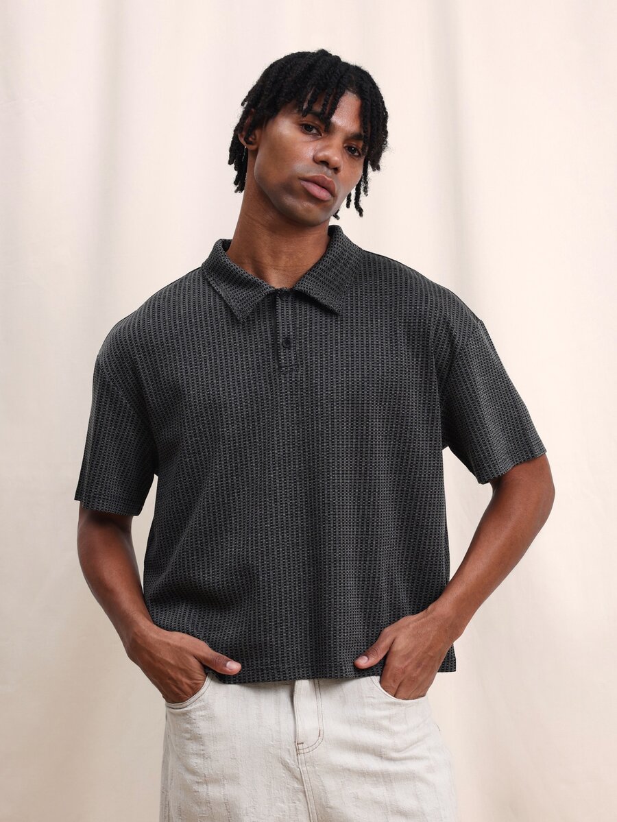 SUMWON Áo polo nam dệt kim có họa tiết, cổ áo nhọn, tay ngắn, kiểu dáng cổ điển, thoải mái, thích hợp mặc mùa hè. - màu đen - Xem 1