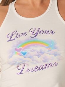 MISSGUIDED Halter Neck Tank Top With Rainbow Dreams Graphic Print For Summer Festival Casual Wear - White - View 2