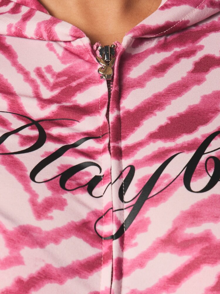Missguided x Playboy Damska bluza z kapturem i nadrukiem tygrysa, zapinana na suwak, z kapturem ściąganym sznurkiem, z długim rękawem, w kolorze różowym, casualowa, uliczna, jesienno-zimowa