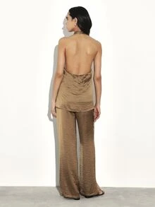 KSTM Bộ đồ hai mảnh dành cho nữ, gồm áo cổ yếm và quần ống rộng, kiểu dáng thoải mái, thích hợp mặc ở nhà vào mùa hè. - màu nâu - Xem 2