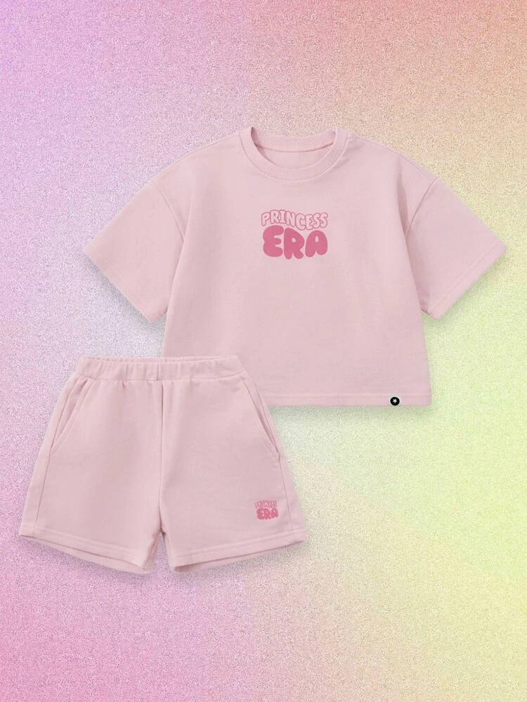Oversized Girls Princess Era Co-Ord Set Light Pink Crop Top With Matching Shorts Summer Casual Outfit